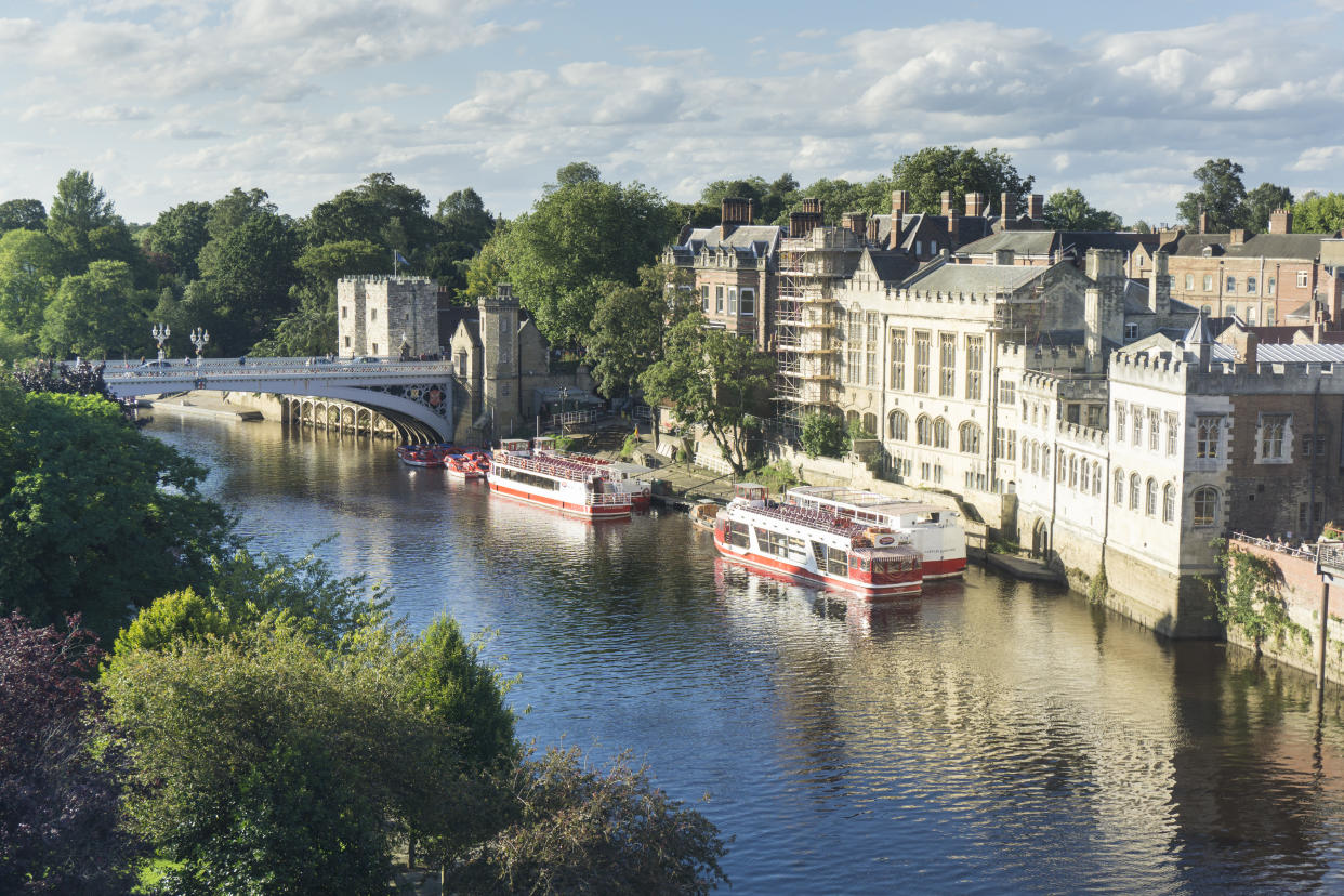 High angle view over the River Ouse and Lendal bridge in York, North Yorkshire.