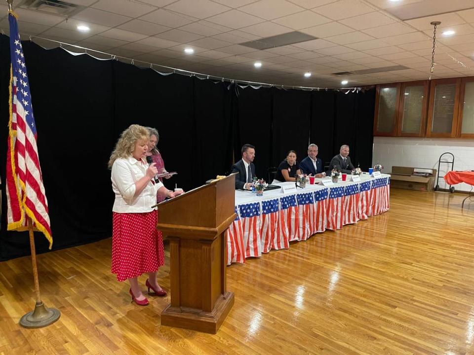 Republicans Taylor Burks, Kalena Bruce, Mark Alford and Rick Brattin answer questions at a candidate forum in Warrensburg on June 21. 