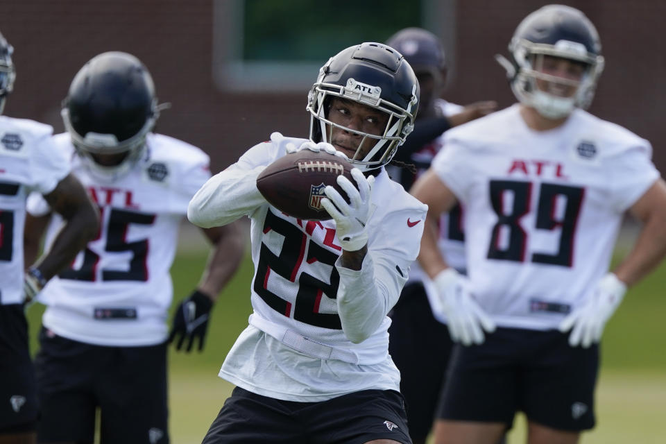 Atlanta Falcons wide receiver Tyshuan James (22) catches a pass during the NFL football team's rookie minicamp, Saturday, May 14, 2022, in Flowery Branch, Ga. (AP Photo/John Bazemore)