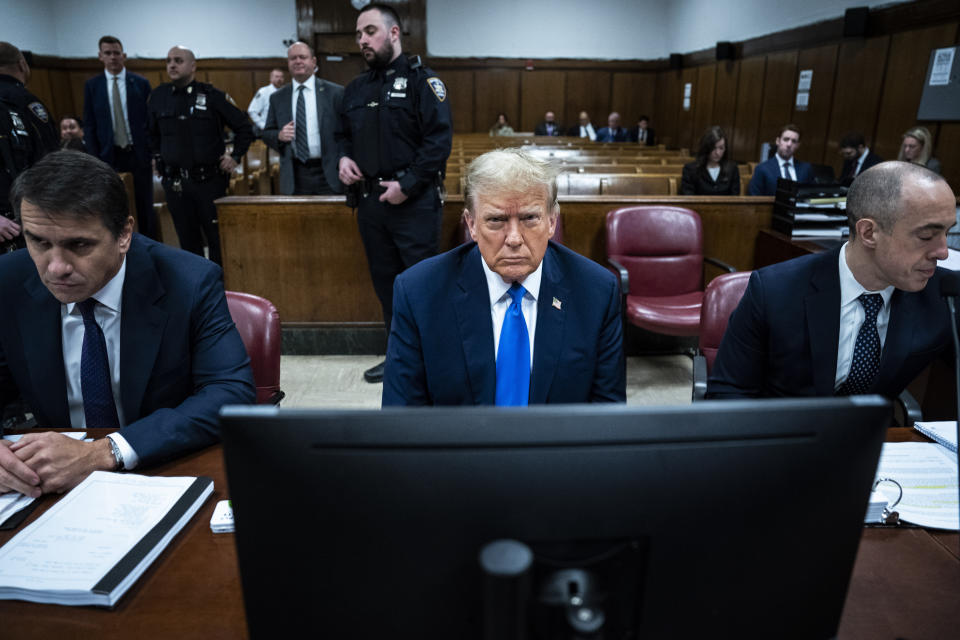 Former President Donald Trump awaits the start of proceedings during jury selection at Manhattan criminal court, Thursday, April 18, 2024 in New York. (Jabin Botsford/The Washington Post via AP, Pool)