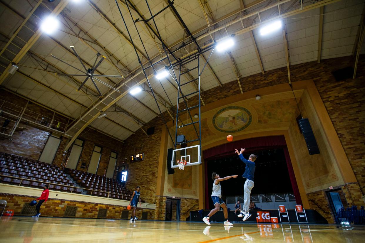 La Lumiere basketball players shoot around Tuesday, Jan. 4, 2021 inside the LaPorte Civic Center Auditorium. 