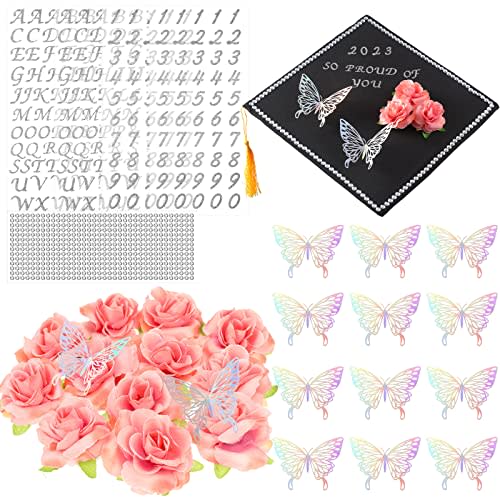 53 Pcs Graduation Cap Decorations Set, Adhesive Grad Hat Topper Sticker, Glitter Alphabet Letter Number and Diamond Stickers, Backed Roses Floral Stickers, 3D Butterfly for Grad Cap (Silver, Pink)