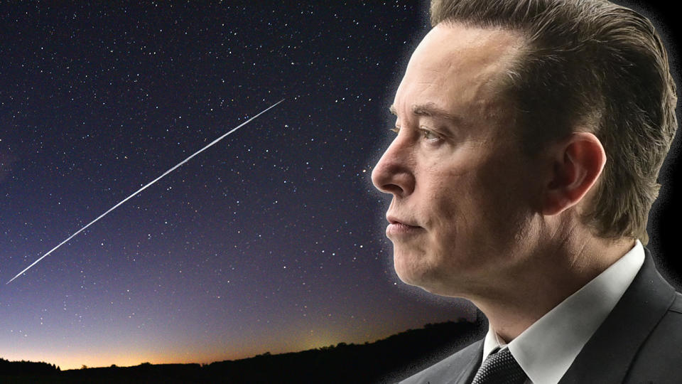 Elon Musk in profile against a starry night sky with what appears to be a comet trail.