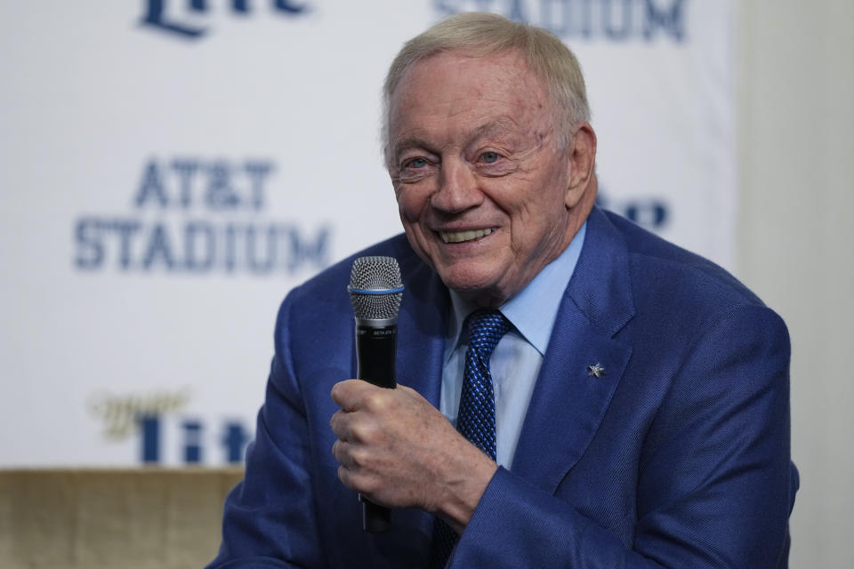Dallas Cowboys owner Jerry Jones speaks during a news conference with Pro Football Hall of Fame coach Jimmy Johnson prior to an NFL football game between the Cowboys and the Detroit Lions, Saturday, Dec. 30, 2023, in Arlington, Texas. Johnson will be inducted into the team's ring of honor during a halftime ceremony. (AP Photo/Sam Hodde)