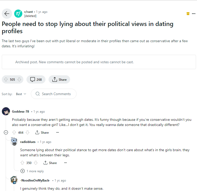 Reddit上抱怨男性在交友檔案上對自身政治傾向不誠實、疑似騙約會的討論串。