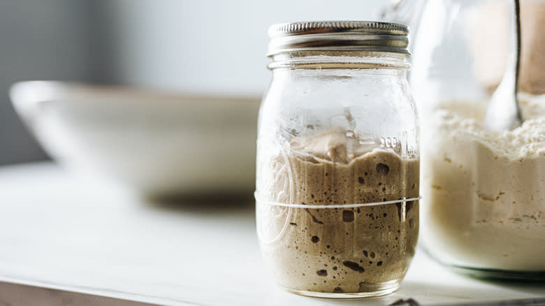 Mason jar of sourdough starter