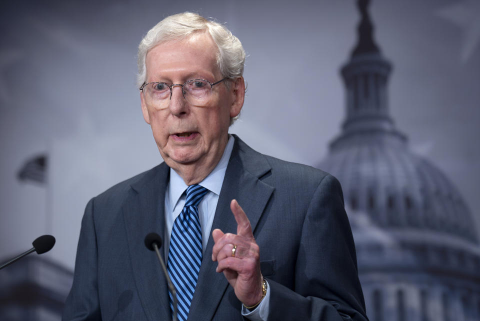 Senate Minority Leader Mitch McConnell, R-Ky., praises support for Ukraine as the Senate is on track to pass $95 billion in war aid to Ukraine, Israel and Taiwan, at the Capitol in Washington, Tuesday, April 23, 2024. (AP Photo/J. Scott Applewhite)