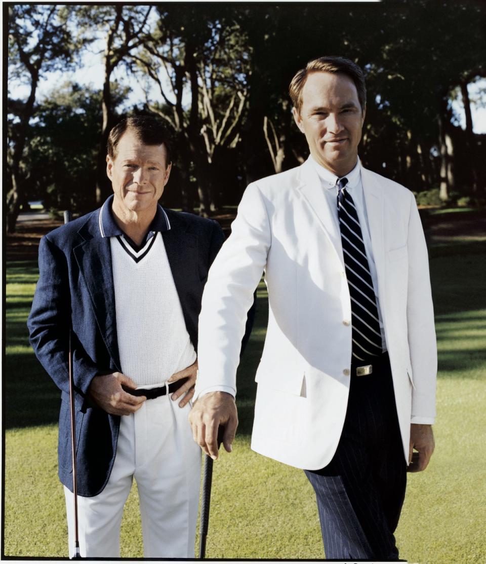 An early promotional shot of Tom Watson and Davis Love 3rd for <a href="https://wwd.com/fashion-news/fashion-scoops/ralph-lauren-g2-esports-collection-1235743258/" rel="nofollow noopener" target="_blank" data-ylk="slk:Ralph Lauren;elm:context_link;itc:0;sec:content-canvas" class="link ">Ralph Lauren</a>.