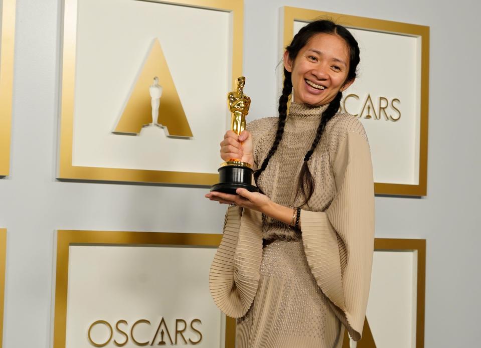 Director/Producer Chloe Zhao wins the award for best director and best picture for "Nomadland."