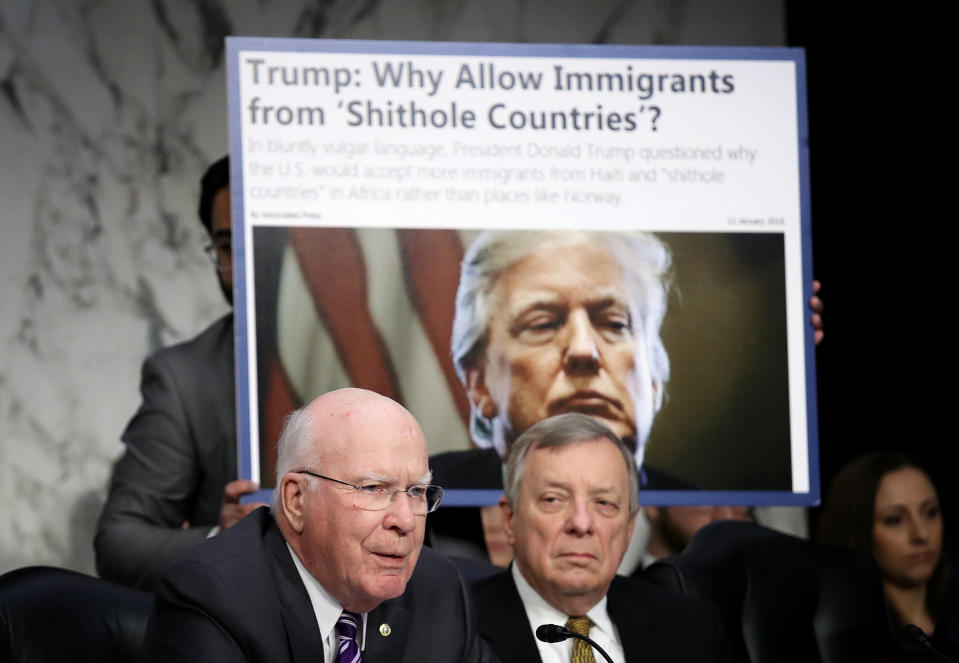 As Sen. Richard Durbin, D-Ill., right, looks on, Sen. Patrick Leahy, D-Vt., questions Homeland Security Secretary Kirstjen Nielsen during a hearing held by the Senate Judiciary Committee Jan. 16, 2018, in Washington, D.C. Leahy and Durbin both questioned Nielsen about derogatory language reportedly used by President Trump at a meeting last week on immigration. (Photo: Win McNamee/Getty Images)