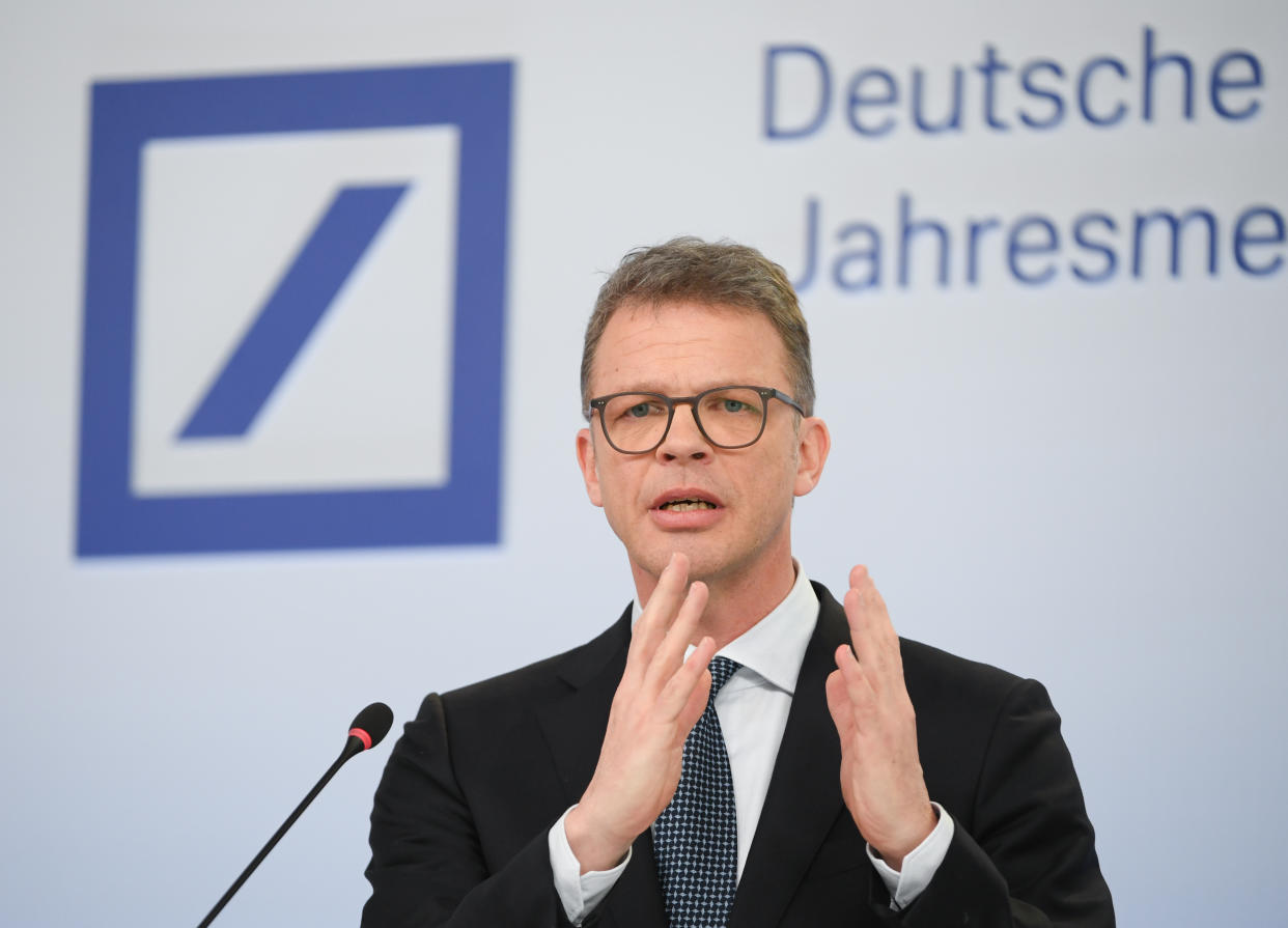 30 January 2020, Hessen, Frankfurt/Main: Christian Sewing, Chairman of the Management Board of Deutsche Bank, will speak during the annual media conference at the bank's headquarters. Deutsche Bank has slipped even deeper into the red in 2019 due to the Group restructuring. In the 2019 financial year, the bank reported a loss of around 5.7 billion euros. Photo: Arne Dedert/dpa (Photo by Arne Dedert/picture alliance via Getty Images)