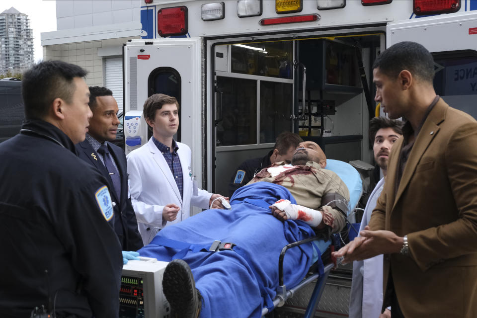 ‘The Good Doctor’ (l-r): Hill Harper, Freddie Highmore, Usman Ally, Noah Galvin, Chuku Modu (ABC/Jeff Weddell)