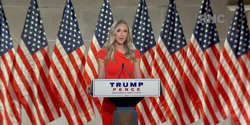 Lara Trump, campaign advisor and wife of Eric Trump, speaks during the Republican National Convention at the Mellon Auditorium in Washington, D.C., Wednesday, Aug. 26, 2020.