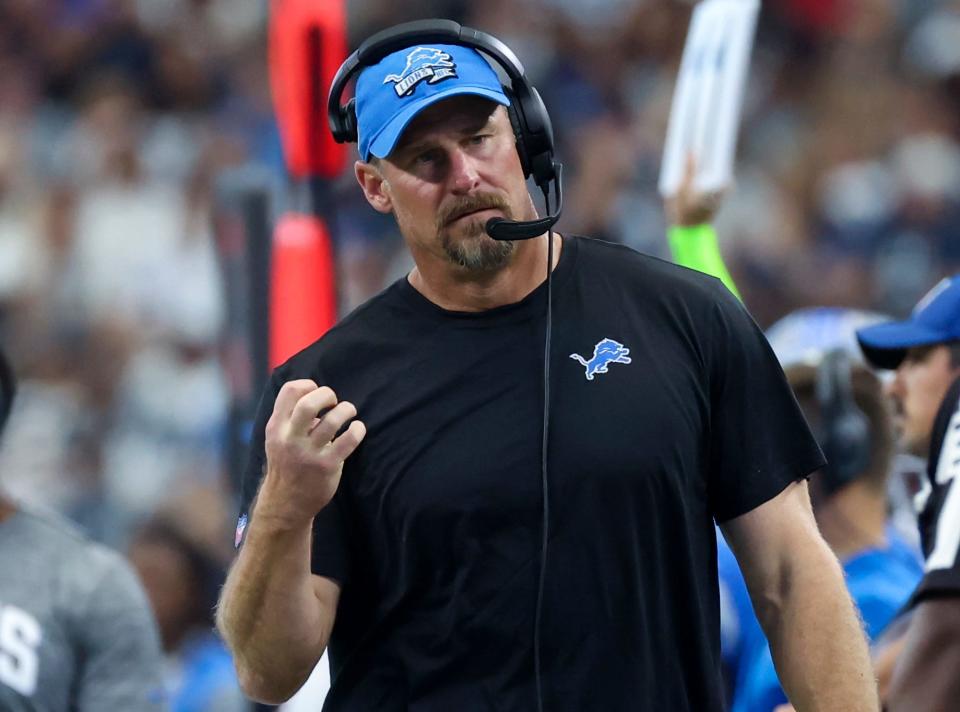 Lions coach Dan Campbell reacts during the first half of the Lions' 24-6 loss to the Cowboys on Sunday, Oct. 23, 2022, in Arlington, Texas.