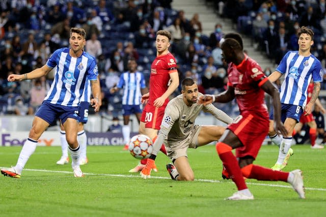 Sadio Mane (foreground) scores Liverpool's second goal