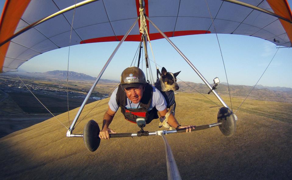 RNPS - PICTURES OF THE YEAR 2013 - Dan McManus and his service dog Shadow hang glide together outside Salt Lake City, Utah, July 22, 2013. McManus suffers from anxiety and Shadow's presence and companionship help him to manage the symptoms. The two have been flying together for about nine years with a specially made harness for Shadow. REUTERS/Jim Urquhart (UNITED STATES - Tags: SOCIETY ANIMALS TPX)
