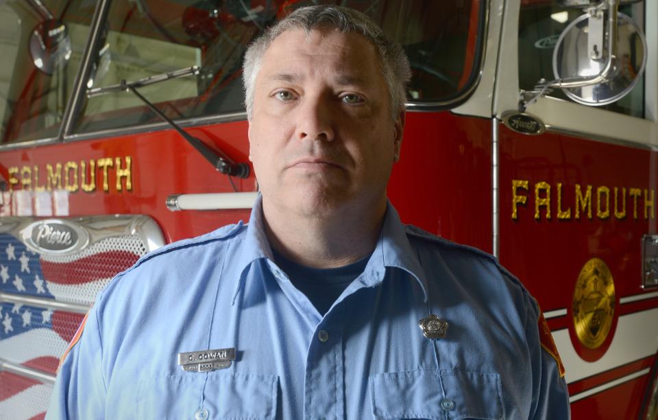 Christopher Cowan, Falmouth Fire Department acting-Emergency Medical Services supervisor at the fire department on Thursday. Cowan supports expanding Nero's Law, which allows EMTs and paramedics to treat police dogs injured in the line of duty, to include advanced medical treatment.