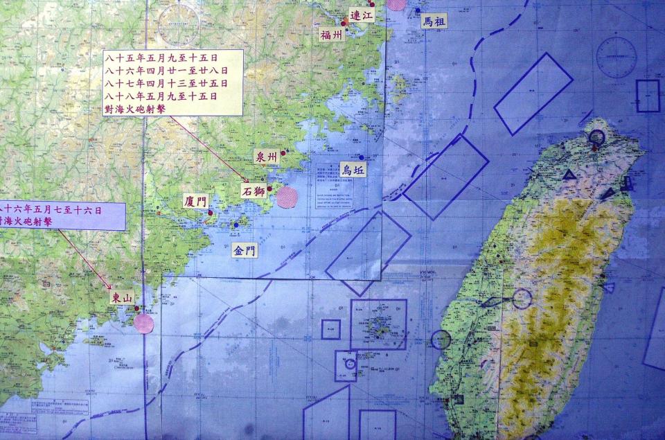 Taiwan's Ministry of Defense release a map on 26 May 2000 showing ongoing artillery drills conducted by China's People's Liberation Army (P.L.A.) along the mainland's southeastern coast.