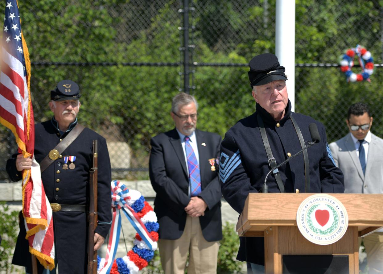 Civil War Union soldier re-enactor Kevin Tucker retells the history of Gen. Pickett. The official dedication of the General Josiah Pickett Memorial Grove was held Sunday at the Rockland Trust Plaza off Green Street.