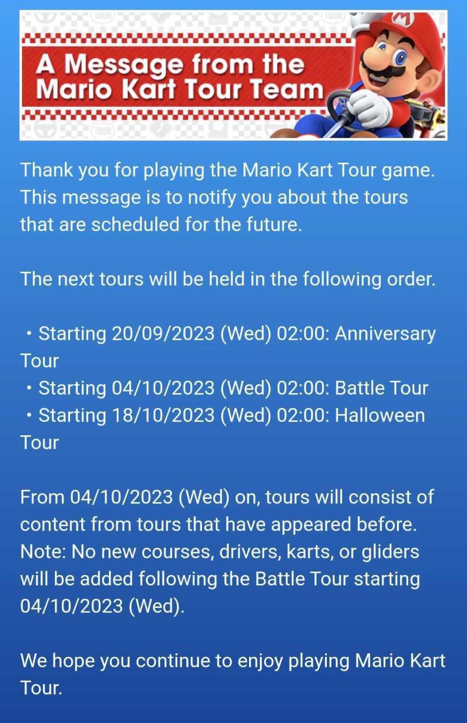 Message about Mario Kart Tour. 