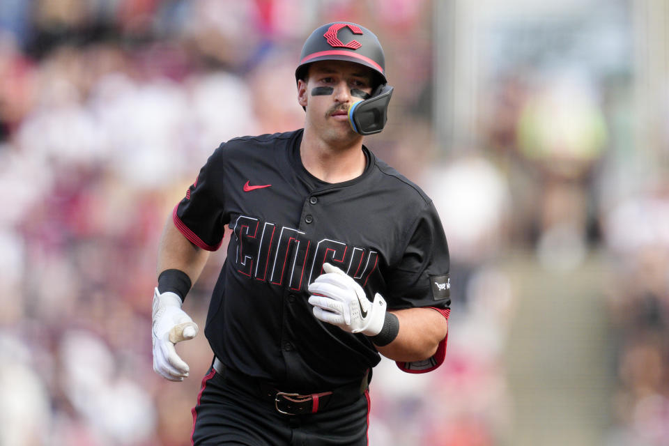 Cincinnati Reds' Spencer Steer runs the bases after hitting a three-run home run against the Los Angeles Dodgers during the first inning of a baseball game Friday, May 24, 2024, in Cincinnati. (AP Photo/Jeff Dean)