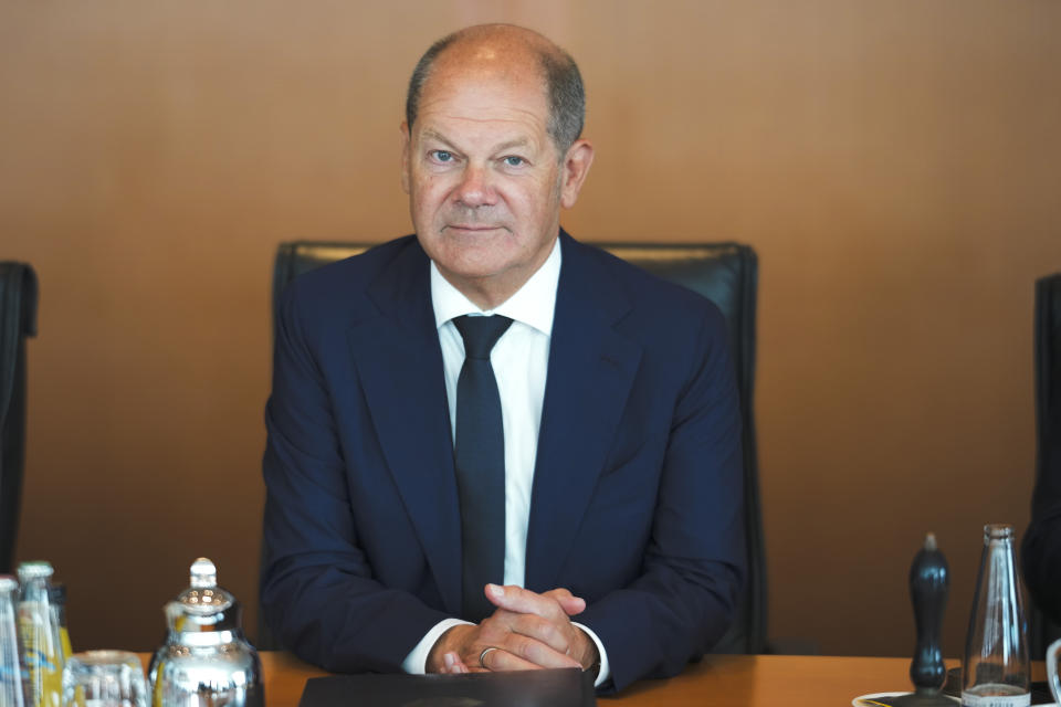 German Chancellor Olaf Scholz attends the cabinet meeting of the German government at the chancellery in Berlin, Germany, Wednesday, Aug. 23, 2023. (AP Photo/Markus Schreiber)