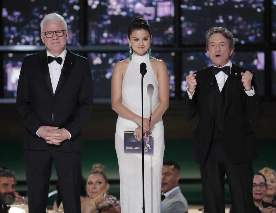 Steve Martin, Selena Gomez and Martin Short speak on stage during the 74th Annual Primetime Emmy Awards held at the Microsoft Theater on September 12, 2022. (Chris Haston / NBC)