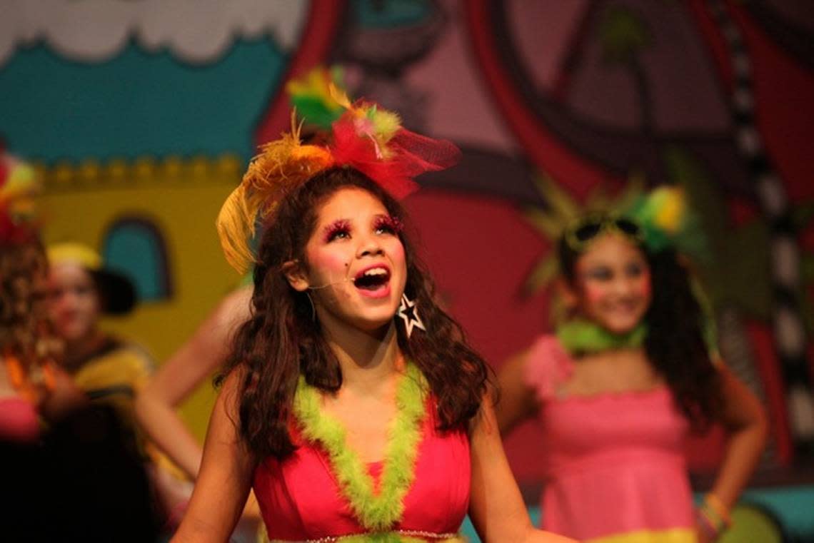 Eva Noblezada, photograped at age 13 as she belted out a musical number during a performance of “Seussical Jr.” at the Northwest School of the Arts.