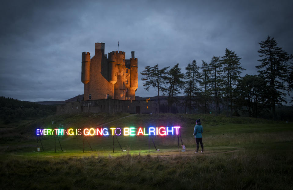 A multi-coloured neon sign that reads "Everything Is Going To Be Alright" by Turner Prize winning artist Martin Creed has been unveiled in the grounds of Braemar Castle, Aberdeenshire. (Photo by Jane Barlow/PA Images via Getty Images)