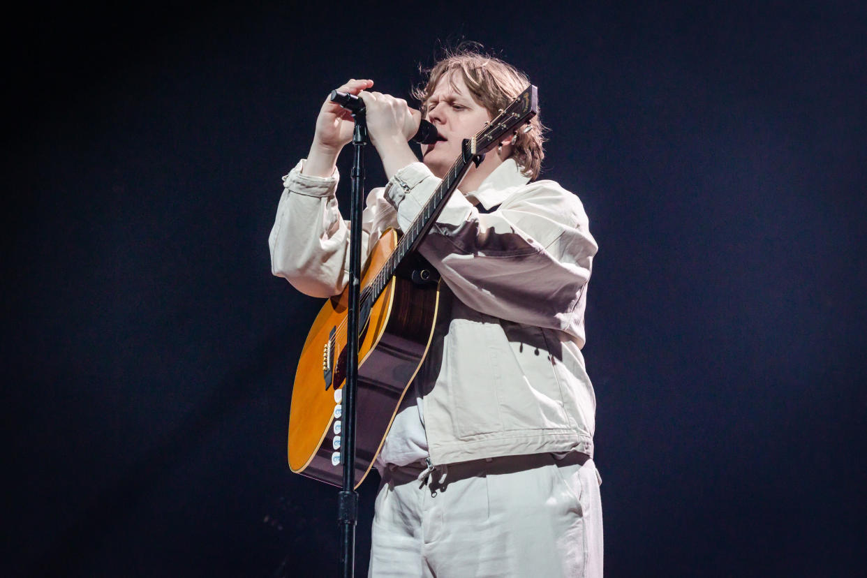 BERLIN, GERMANY - FEBRUARY 16: British singer Lewis Capaldi performs live on stage during a concert at the Mercedes-Benz Arena on February 16, 2023 in Berlin, Germany. (Photo by Frank Hoensch/Redferns)