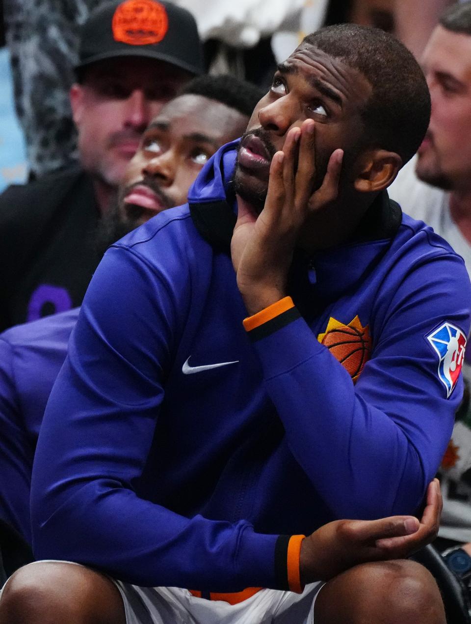 May 12, 2022; Dallas, Texas; USA; Suns guard Chris Paul looks up at the scoreboard from the bench against the Mavericks during game 6 of the second round of the Western Conference Playoffs.