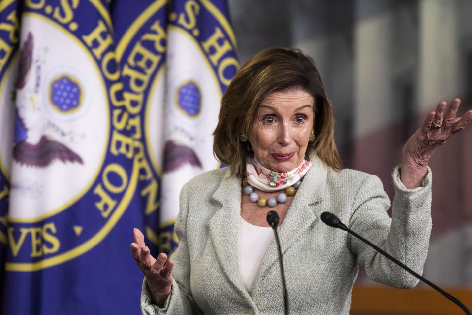 House Speaker Nancy Pelosi of Calif., speaks during a news conference on Capitol Hill, Wednesday, May 27, 2020, in Washington. (AP Photo/Manuel Balce Ceneta)