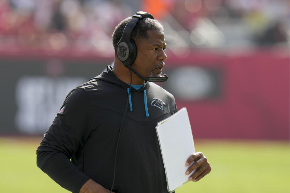 Carolina Panthers head coach Steve Wilks watches during the first half of an NFL football game between the Carolina Panthers and the Tampa Bay Buccaneers on Sunday, Jan. 1, 2023, in Tampa, Fla. (AP Photo/Chris O'Meara)