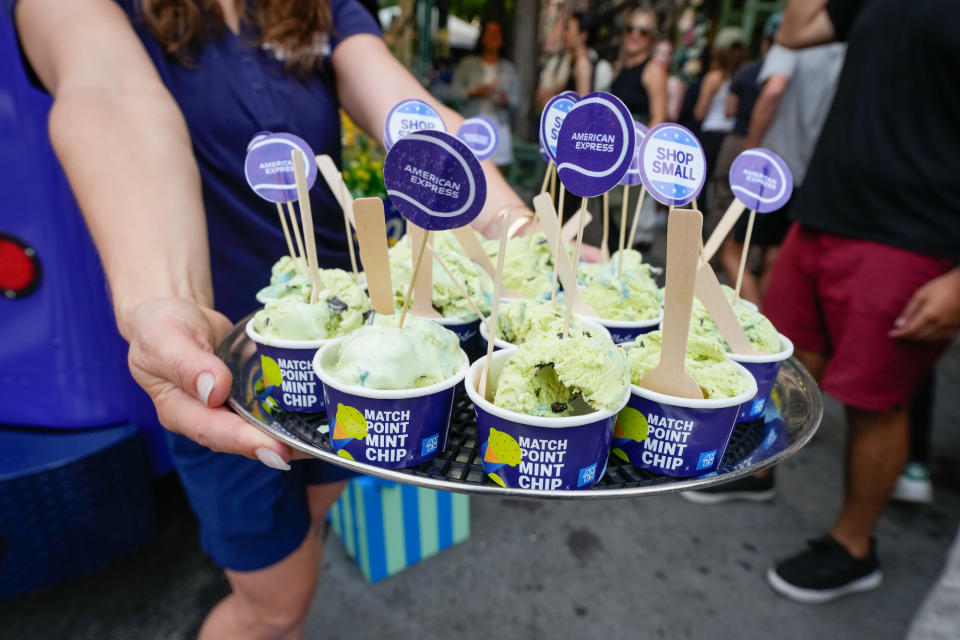 To celebrate tennis season in NYC, American Express debuts a tennis-inspired, limited-edition Van Leeuwen ice cream flavor, ëMatch Point Mint Chip x Amexí on Thursday, Aug. 15, 2024 in New York. (Charles Sykes/AP Content Services for American Express)