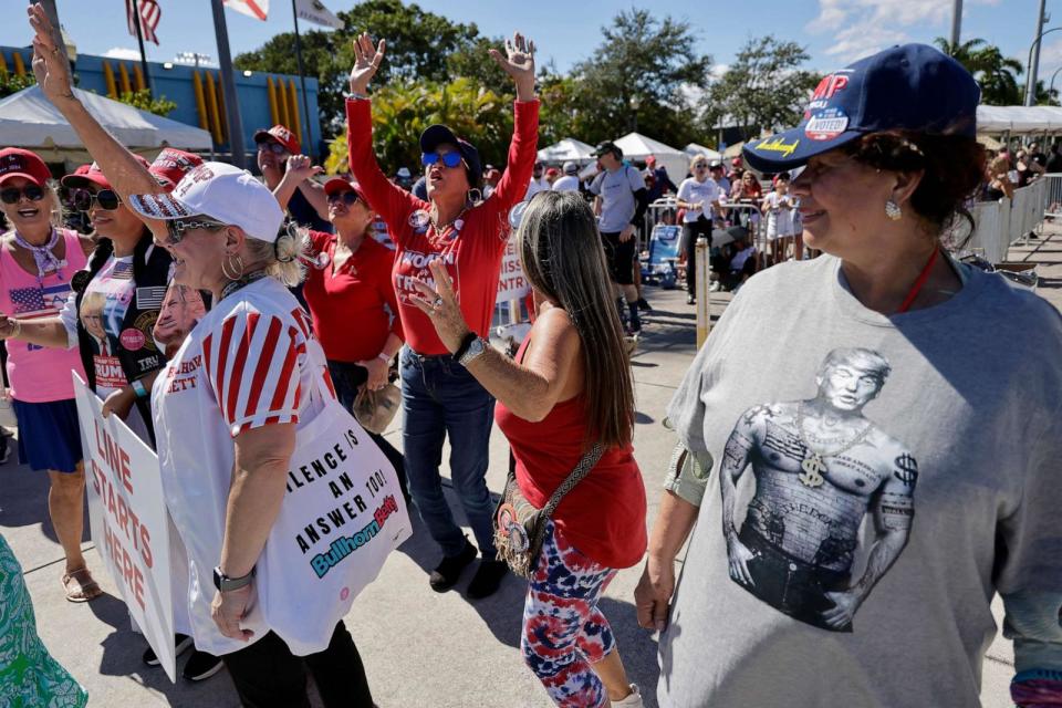PHOTO: Supporters arrive at the venue as former President Donald Trump is set to deliver remarks at The Ted Hendricks Stadium at Henry Milander Park, on Nov. 8, 2023, in Hialeah, Fla. (Alon Skuy/Getty Images)