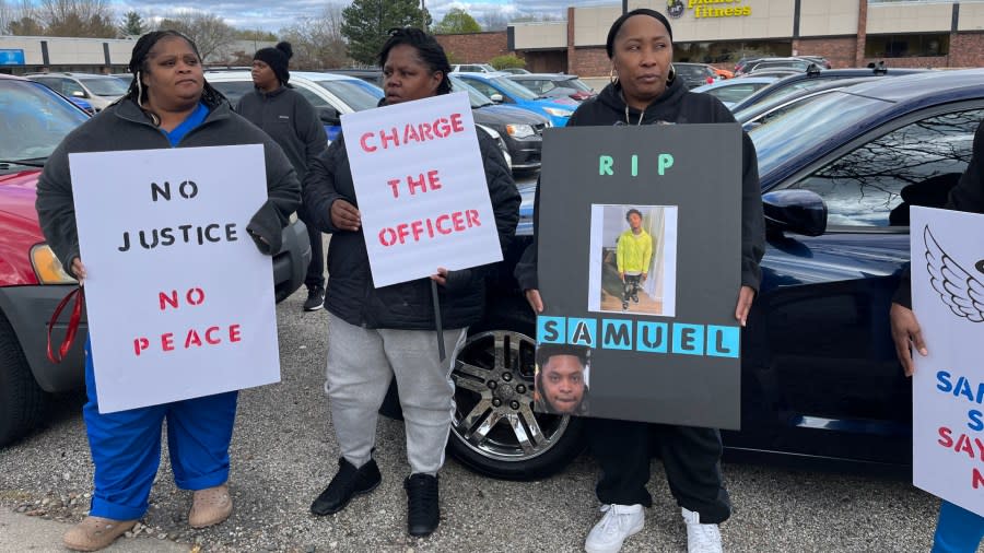 Family and friends of Samuel Sterling gathered in the spot he was fatally hit by an unmarked Michigan State Police vehicle. (April 20, 2024)