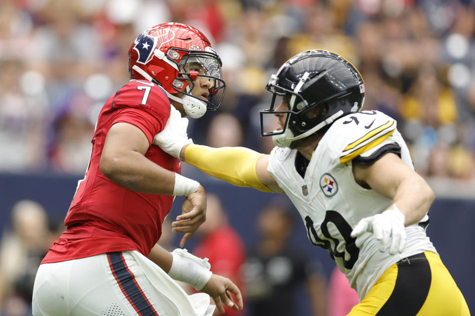 T.J. Watt y la defensa de los Steelers no pudieron frenar a los Houston Texans, a pesar de contar con un quarterback novat en C.J. Stroud. (Foto: Carmen Mandato/Getty Images).