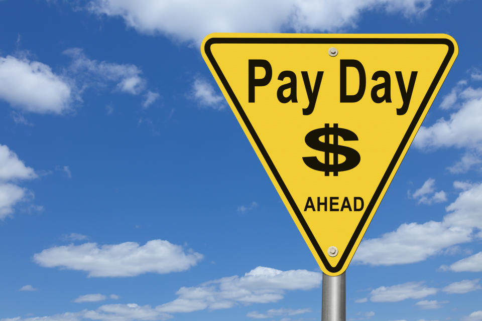 Pay Day Ahead Road Sign.  This sign is useful and relevant to any topic having to do with getting paid money for anything.