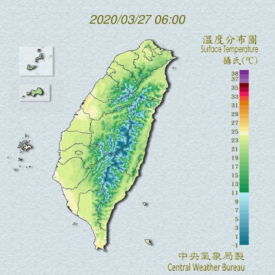 今日各地氣溫分布圖。（圖／翻攝自中央氣象局）