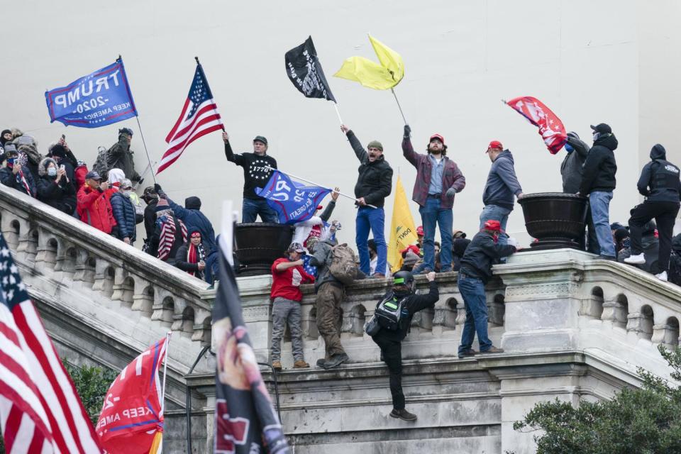 Rioters wave Trump flags at the Capitol.