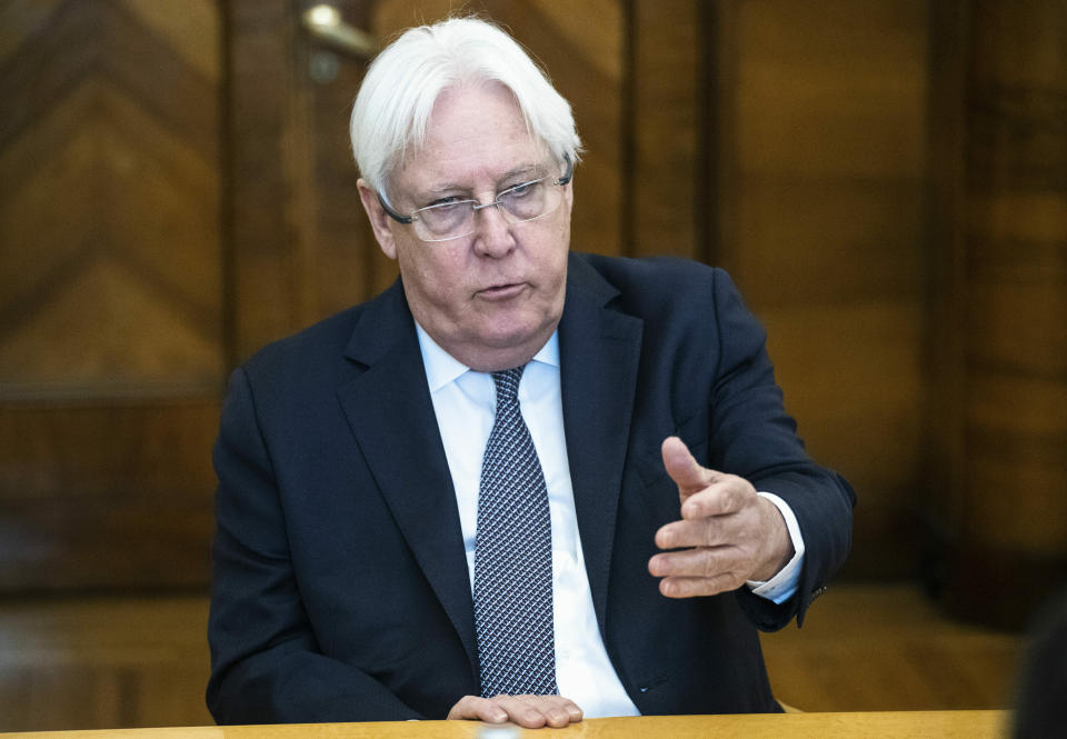 FILE - In this July 1, 2019 file photo, United Nations Special Envoy to Yemen Martin Griffiths speaks during his meeting with Russian Foreign Minister Sergey Lavrov in Moscow, Russia. Griffiths said Thursday, April 16, 2020 that the threat of the new coronavirus has galvanized peace efforts and that he expects the country’s warring sides to agree on a lasting cease-fire and peace talks “in the immediate future.” (AP Photo/Pavel Golovkin, File)