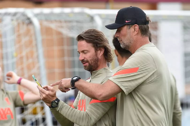 Andreas Kornmayer of Liverpool and Jurgen Klopp during a training session