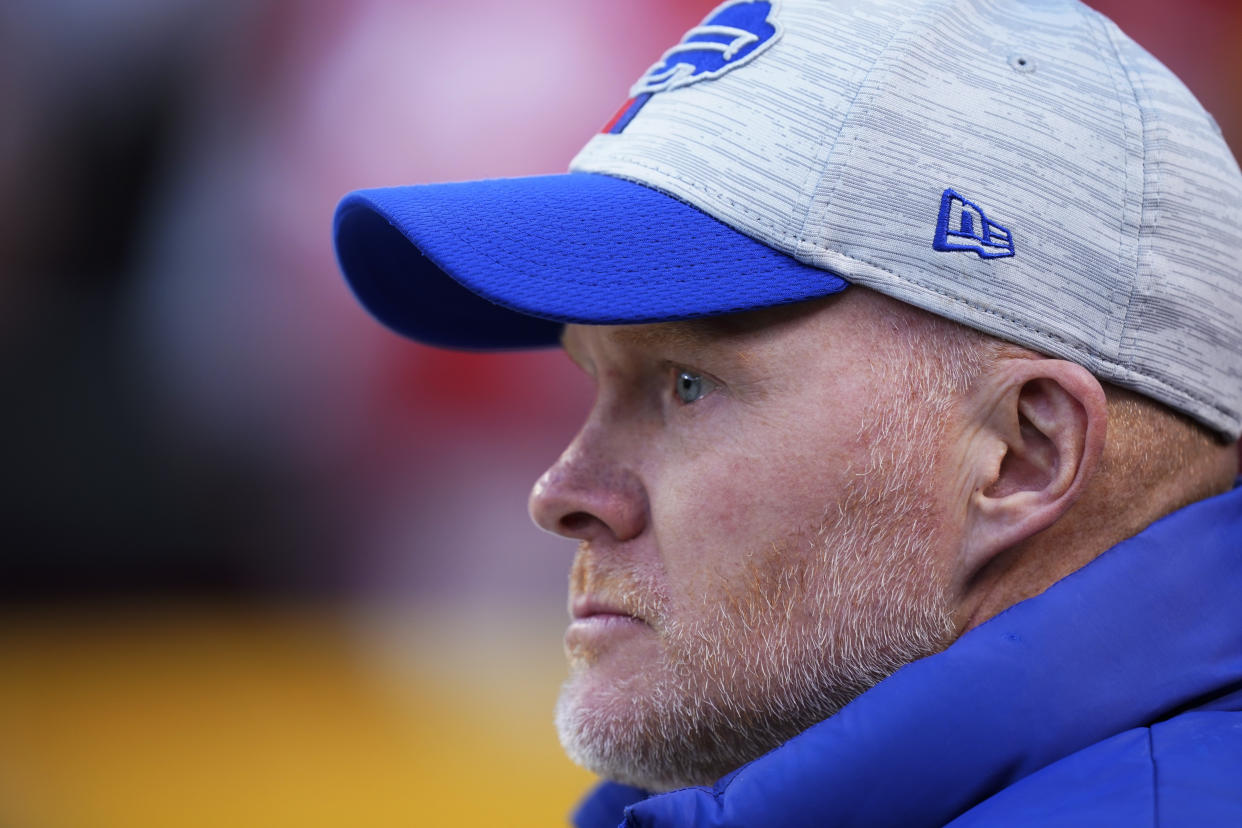 Buffalo Bills head coach Sean McDermott has that thousand-yard stare after watching the Kansas City Chiefs beat his team in the playoffs again. (AP Photo/Ed Zurga)