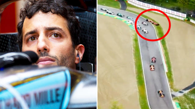 Daniel Ricciardo, pictured here taking out Carlos Sainz on the opening lap of the Emilia Romagna Grand Prix.