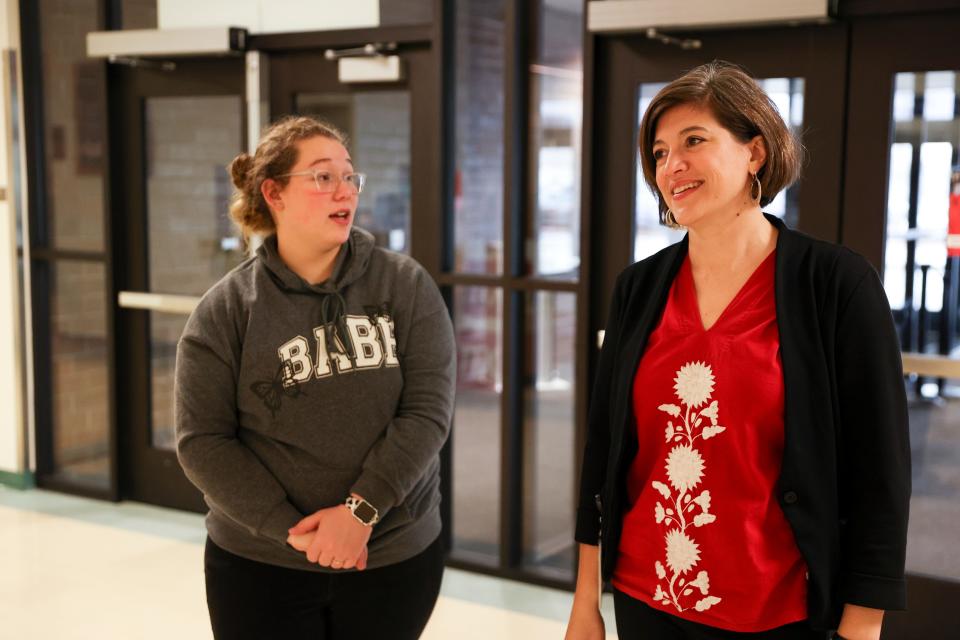 Incoming Salem-Keizer Public Schools superintendent Andrea Castañeda visits Monday with student Brianna Saleen at McKay High School.