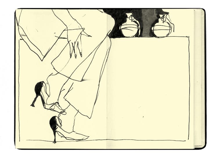 A drawing of a woman in heels sat next to a stand displaying two grenades.