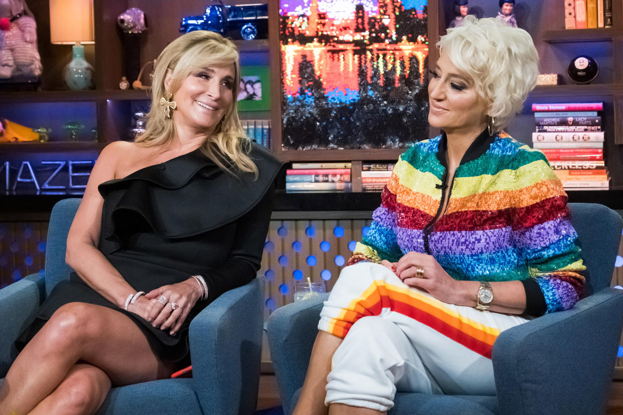 Sonja Morgan and Dorinda Medley during an appearance on "Watch What Happens with Andy Cohen." The "Real Housewives" co-stars were overheard making transphobic comments about a model at a New York Fashion Week show. (Photo: Bravo via Getty Images)