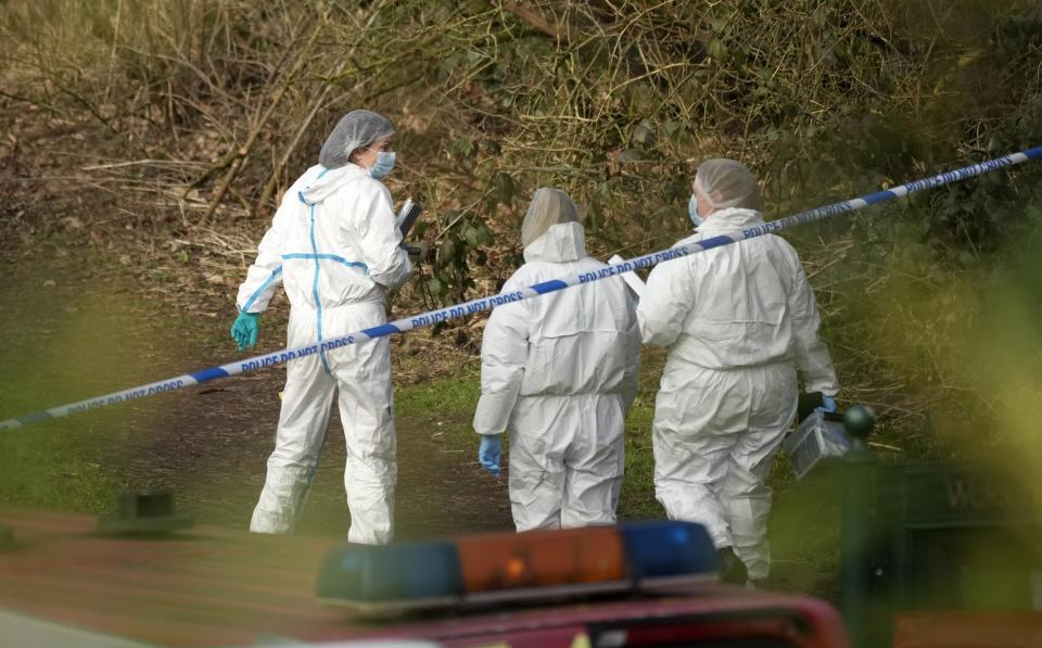 Police forensic scientists attend the scene where 16-year-old Brianna Ghey was found with multiple stab wounds - Getty Images Europe