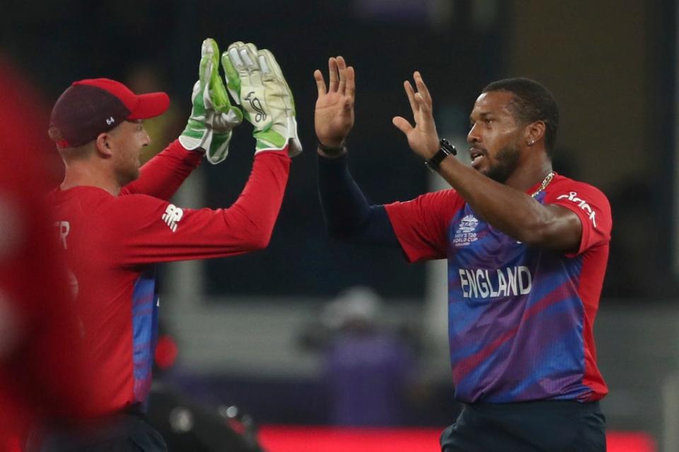 Chris Jordan, right, has been part of an England bowling attack that excelled against the West Indies and Bangladesh (Aijaz Rahi/AP/PA) (AP)