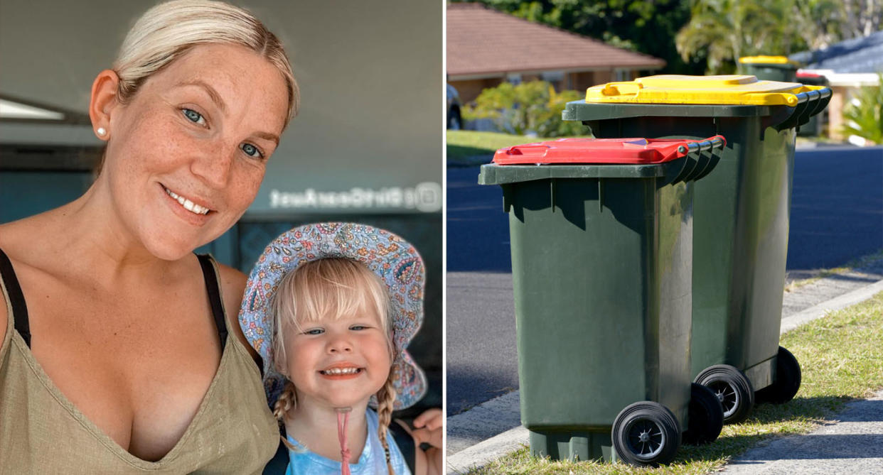 Brooke Bliss with her daughter (left) and suburban wheelie bins (right).